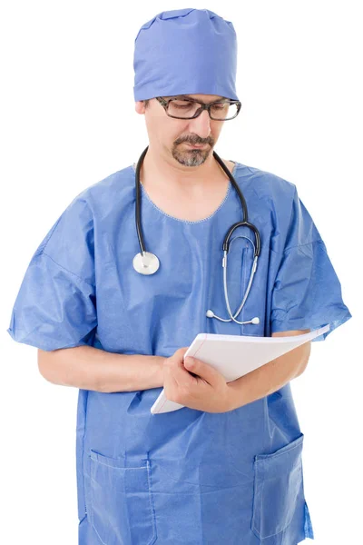 Male doctor thinking with his notes, isolated — Stock Photo, Image