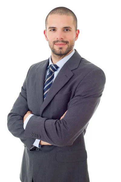 Retrato hombre de negocios feliz aislado en blanco — Foto de Stock