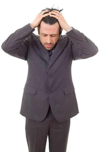 Biznesmen w garniturze gesty z bólem głowy, odizolowany — Zdjęcie stockowe