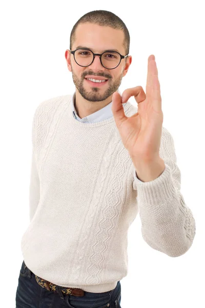 Glücklicher junger Mann gewinnt, isoliert auf weißem Hintergrund — Stockfoto