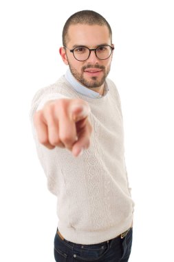 mutlu casual adam işaret ederek, izole üzerinde beyaz