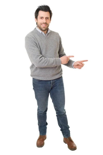Homem com braço para fora em um gesto acolhedor, isolar — Fotografia de Stock