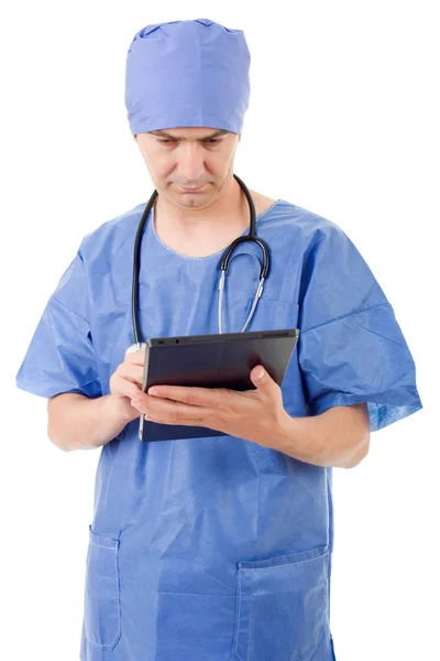 Male doctor with tablet on white background — Stock Photo, Image