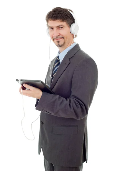 Empresário com tablet pc e fones de ouvido, isolado — Fotografia de Stock
