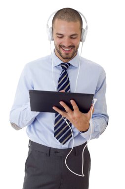 mutlu işadamı izole bir tablet pc ile çalışma