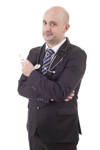 Gelukkig mannelijke arts met een spuit, geïsoleerd op witte achtergrond — Stockfoto