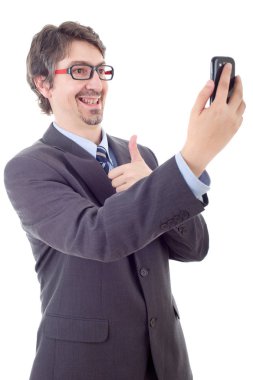 takım elbise ve kravat selfie fotoğrafta cep telefonu ile işadamı