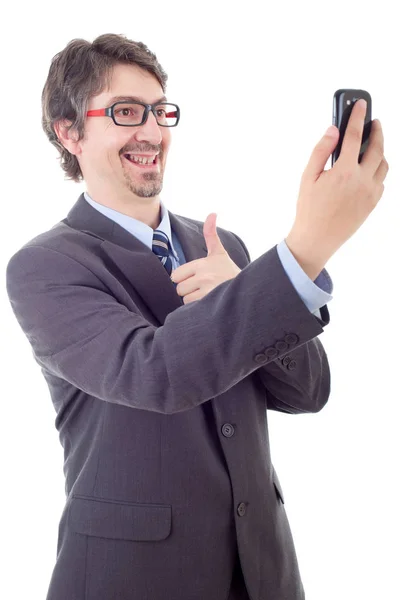 Businessman in suit and tie taking selfie photo with mobile phone — Stock Photo, Image