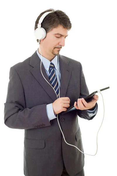 Hombre de negocios con tablet pc y auriculares, aislado — Foto de Stock