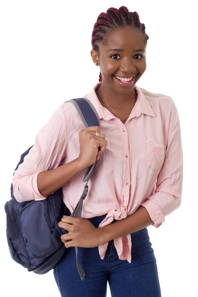 Ευτυχισμένος Αφρικανική κορίτσι φοιτητής, απομονώνονται σε λευκό φόντο — Φωτογραφία Αρχείου