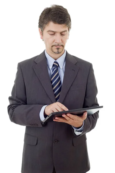 Επιχειρηματίας σκέφτεται με ένα tablet pc, απομονωμένο — Φωτογραφία Αρχείου