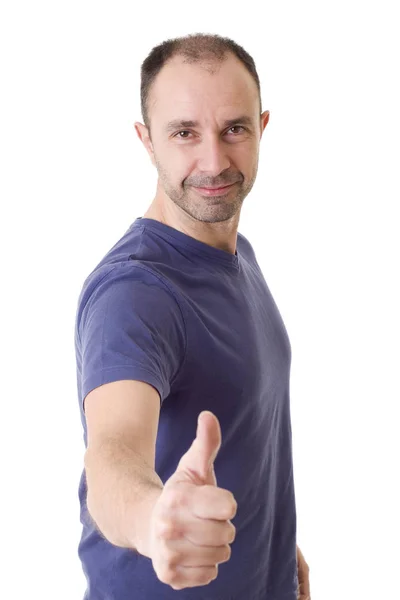 Happy casual man going thumbs up, isolated — Stock Photo, Image