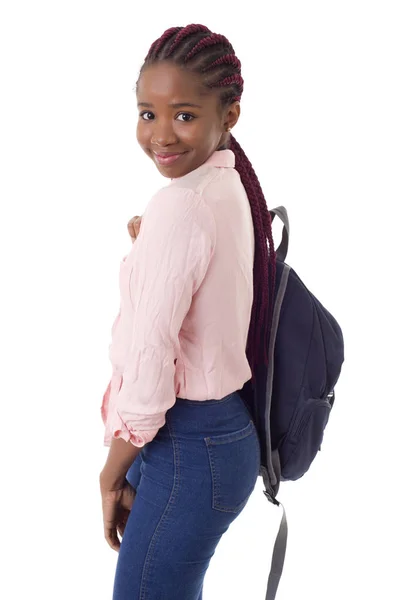 Beyaz arka plan üzerinde izole mutlu Afrikalı kız öğrenci — Stok fotoğraf