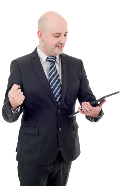 Businessman winning, using touch pad of tablet pc, isolated — Stock Photo, Image