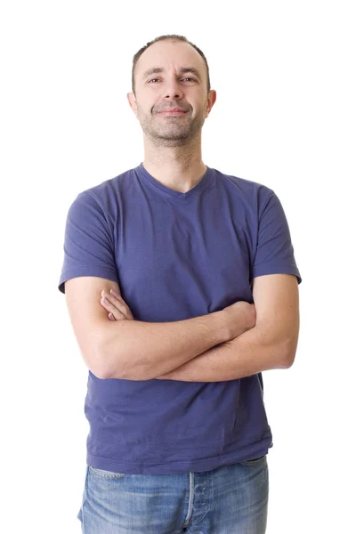 Retrato de hombre casual feliz joven, aislado en blanco — Foto de Stock