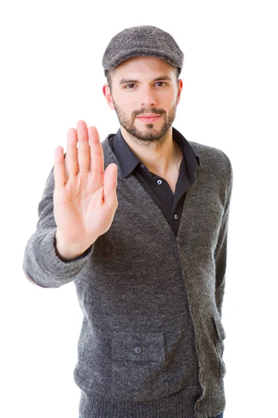 Junger Mann macht mit der Hand Halt, isoliert — Stockfoto