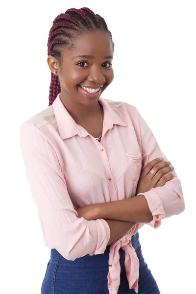 Beyaz arka planda izole edilmiş mutlu Afrikalı kız — Stok fotoğraf