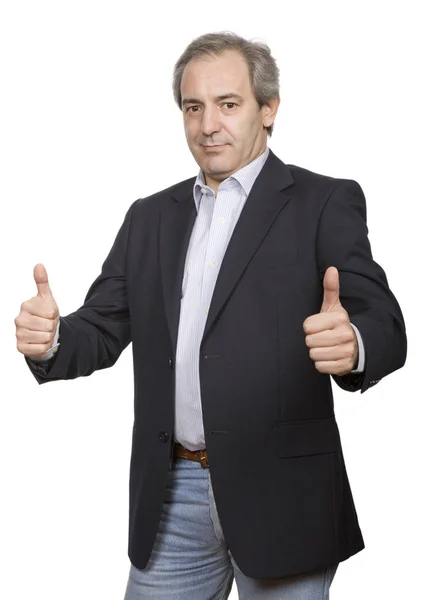 Happy casual man going thumbs up, isolated — Stock Photo, Image