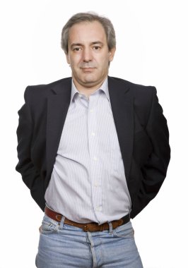 Olgun mutlu casual adam portre, üzerinde beyaz izole