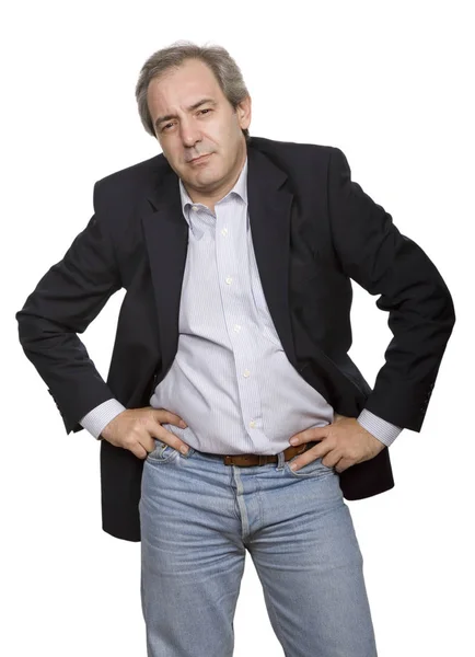 Retrato de hombre casual feliz madura, aislado en blanco — Foto de Stock