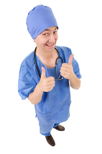 Médico do sexo masculino indo polegar para cima, comprimento total, isolado em branco — Fotografia de Stock