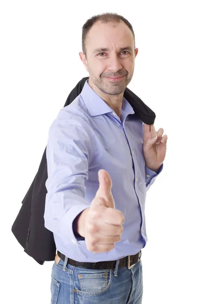 Happy casual man going thumbs up, isolated on white background — Stock Photo, Image