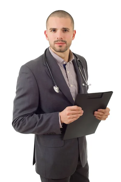 Glad manlig läkare, isolerad på vit bakgrund — Stockfoto