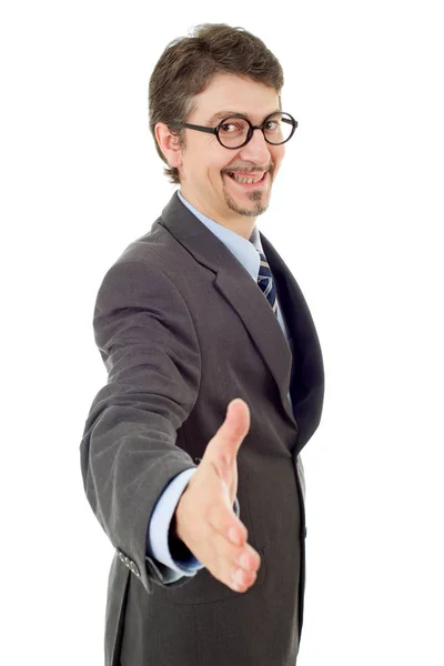 Homem de negócios em terno oferecendo para apertar a mão, isolado — Fotografia de Stock