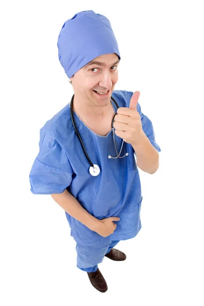 Masculino médico indo polegar para cima, comprimento total, isolado — Fotografia de Stock