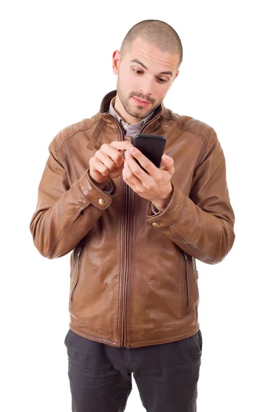 Uomo occasionale con un telefono, isolato — Foto Stock