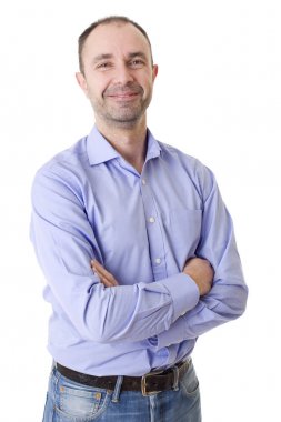 Genç, mutlu, sıradan bir erkek portresi, beyaz tenli.