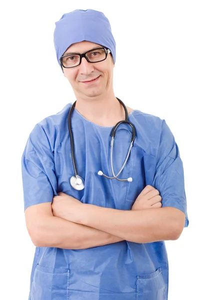 Gelukkig man dokter, geïsoleerd op witte achtergrond — Stockfoto