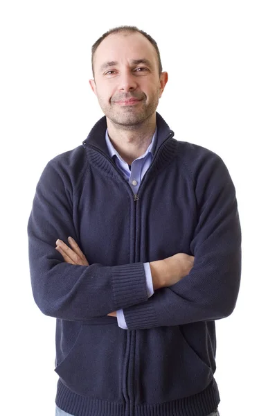 Retrato de hombre casual feliz joven, aislado en blanco — Foto de Stock