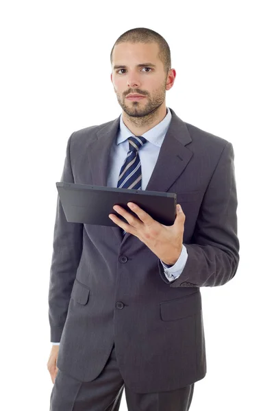 Besorgter Geschäftsmann, der mit einem Tablet-PC arbeitet, isoliert — Stockfoto