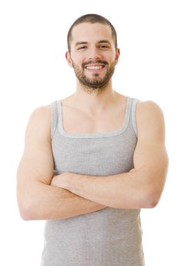 Genç, mutlu, sıradan bir erkek portresi, beyaz tenli.