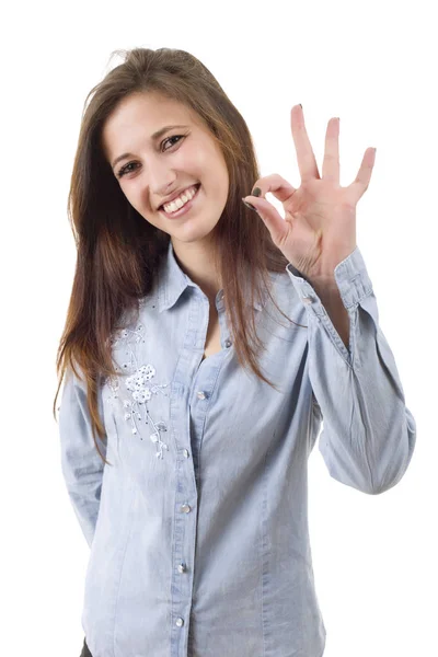 Kazanan, üzerinde beyaz izole mutlu bir genç kadın — Stok fotoğraf