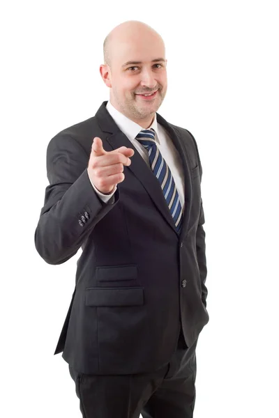 Homem de negócios feliz apontando, isolado no branco — Fotografia de Stock