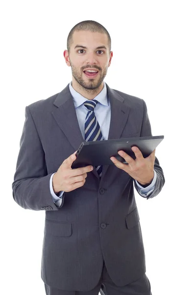 Jovem empresário que trabalha com um tablet pc, isolado — Fotografia de Stock