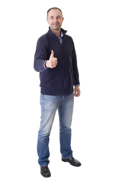 Happy casual man full body, going thumb up, isolated — Stock Photo, Image