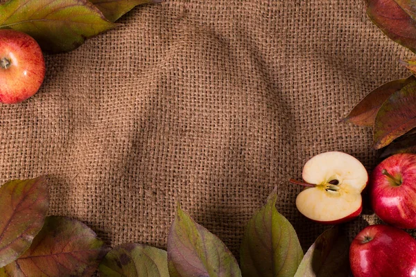 Яблоко и листочки на мешковине — стоковое фото