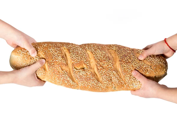 Ludzie Walczą Jedzenie Dwoje Ludzi Rozrywa Bochenek Chleba Pół Przyszłości — Zdjęcie stockowe