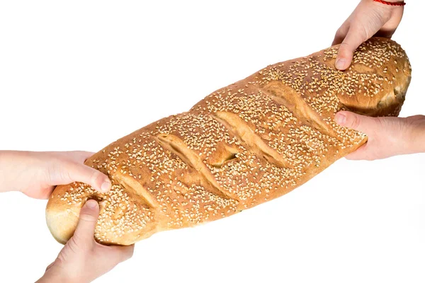 Handen Breken Brood Een Witte Achtergrond Demonstreren Strijd Van Mensheid — Stockfoto