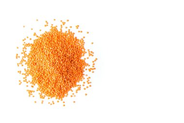 Beyaz arka planda kırmızı mercimek kalçası. Beyaz üzerinde kopyalama alanı olan kırmızı mercimek.