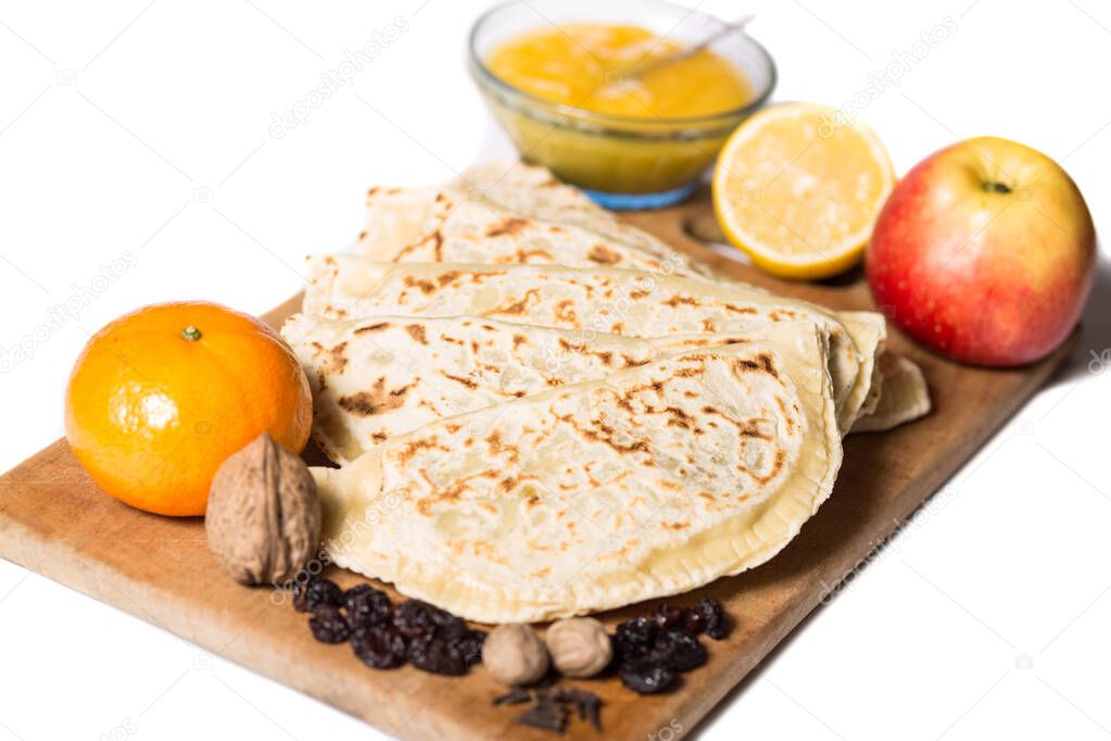 Chapati Indian flat cakes with water, may be with fruit or meat