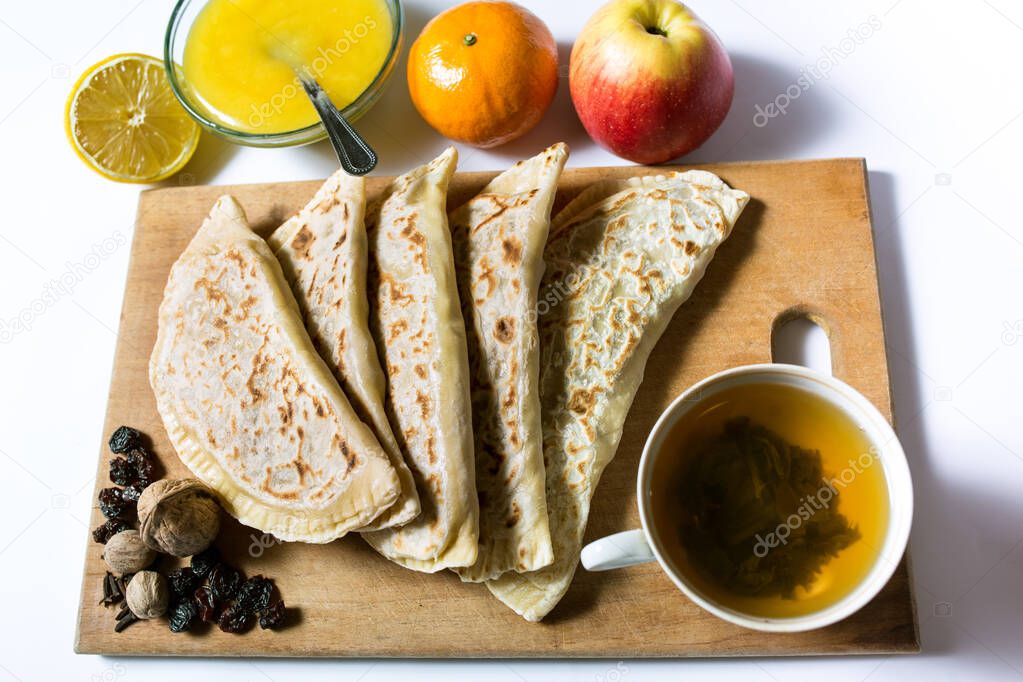 Tortillas with fruits and spices. Chapati for dessert is very tasty and healthy