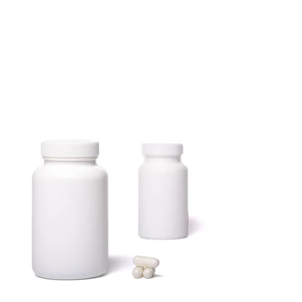 Dwa Białe Pojemniki Bez Logo Pilule Białym Tle — Zdjęcie stockowe