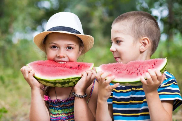 Happy brother and sister on a picnic eating slices of watermelon