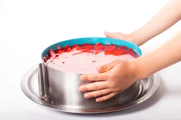 Children Hands Holding Strawberry Cheesecake Metal Form White Background — Stock Photo, Image