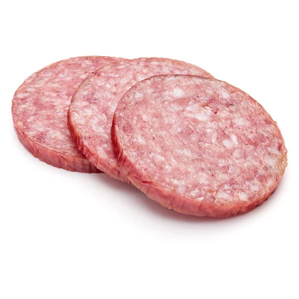 Salami sausage three slices isolated — Stock Photo, Image
