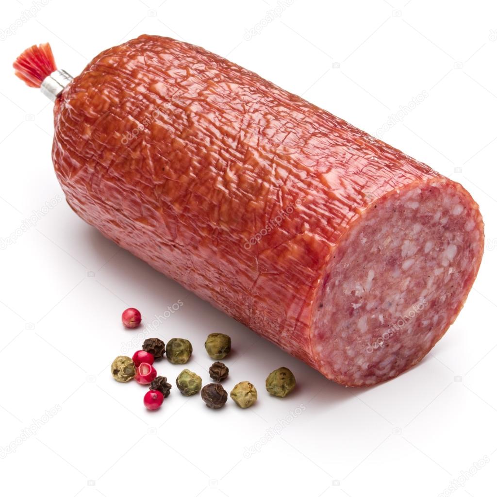 Salami smoked sausage and peppercorns isolated